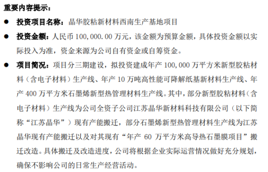 晶华新材拟投资10亿建设晶华胶粘新材料西南生产基地项目(图1)